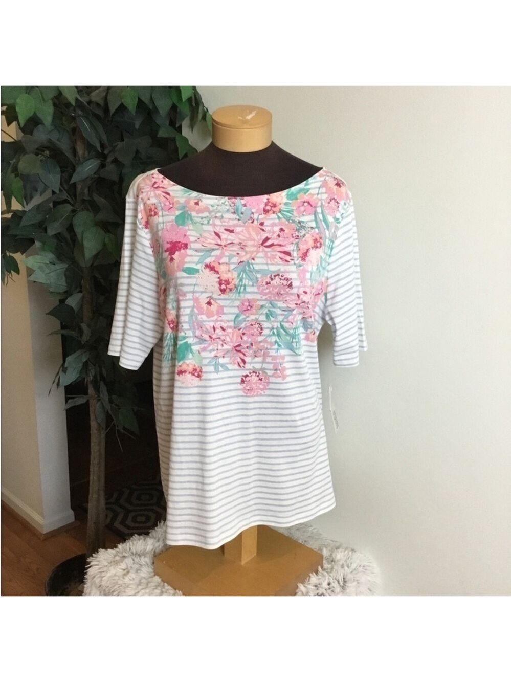 Croft & Barrow elbow sleeve floral striped tee Womans size XXL NWT